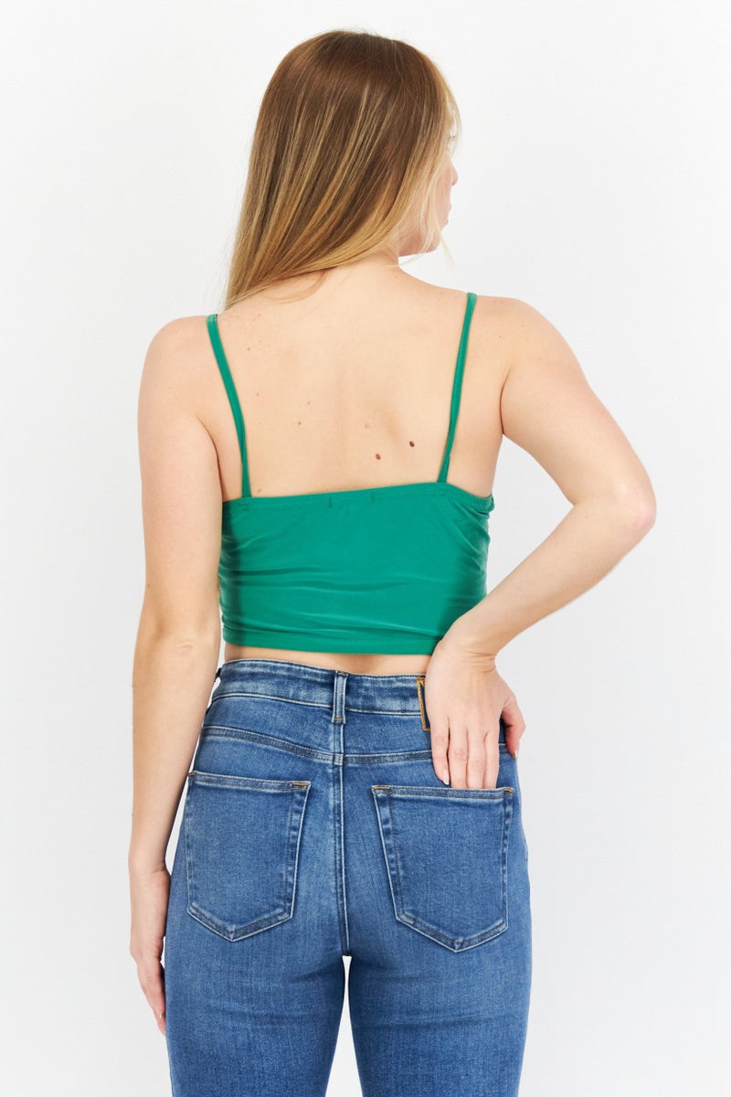 boohoo Women Square Neck Sleeveless Solid Crop Top, Green - Image 3
