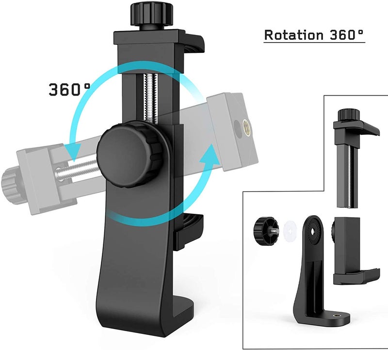 INEFABLE Tripod Mount Adapter 360-Degree Cell Phone Holder with Adjustable Clamp Phone for Smartphones & All Types of Tripods with 1/4 Screw - Black - Pack of 1 - Image 2