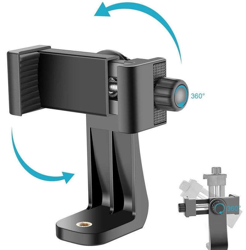 INEFABLE Tripod Mount Adapter 360-Degree Cell Phone Holder with Adjustable Clamp Phone for Smartphones & All Types of Tripods with 1/4 Screw - Black - Pack of 1 - Image 3