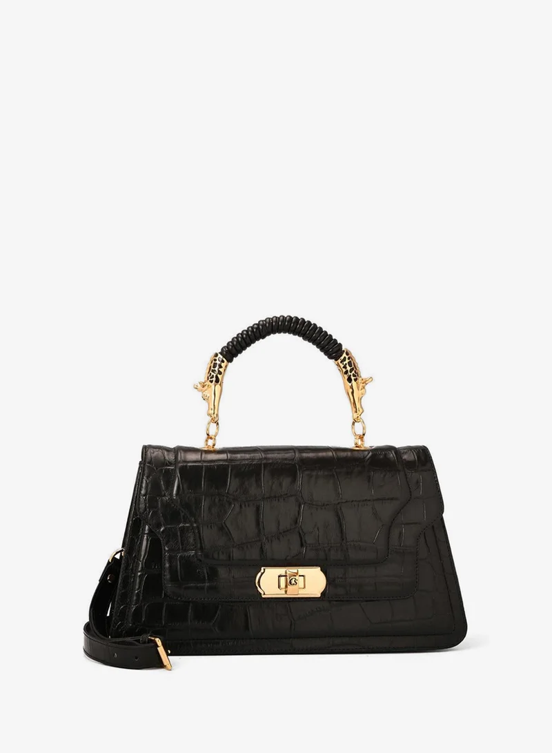 Carmen Steffens Black Croco Leather Top Handle Bag