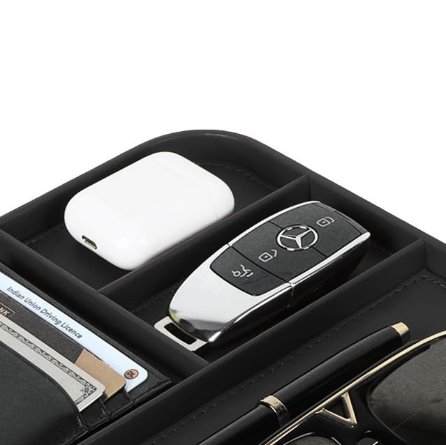 V-CUBE Designs Premium Vegan Leather Valet Tray|Stylish & Modern Office Desk Tray| Table/Bedside/Entryway Organiser for everyday essentials like Keys, Phone, Watch, Wallet, Jewellery|Spill-Proof|Black - Image 2