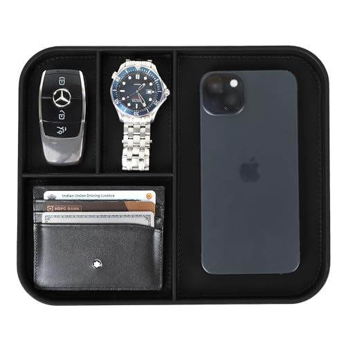 V-CUBE Designs Premium Vegan Leather Valet Tray|Stylish & Modern Office Desk Tray| Table/Bedside/Entryway Organiser for everyday essentials like Keys, Phone, Watch, Wallet, Jewellery|Spill-Proof|Black - Image 1