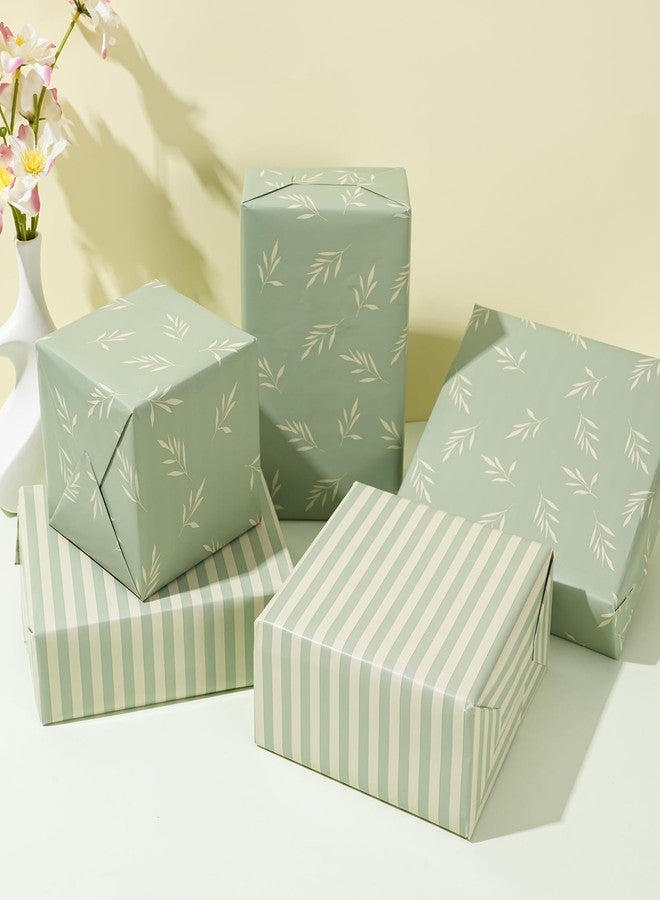 ZINTBIAL Reversible Gift Wrapping Paper Roll - Light Green Background with Beige Leaves - Green Stripe Design - for Birthdays,Weddings,Baby Showers,Mother's Day,Christmas - 17.5" x 33' (48 sq. ft.) - Image 3