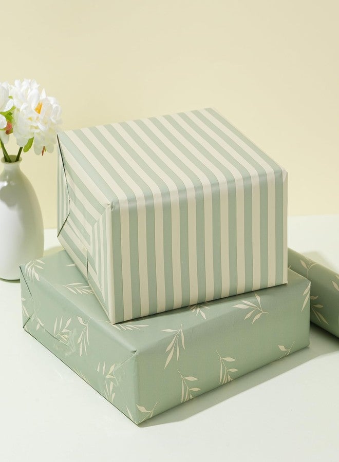 ZINTBIAL Reversible Gift Wrapping Paper Roll - Light Green Background with Beige Leaves - Green Stripe Design - for Birthdays,Weddings,Baby Showers,Mother's Day,Christmas - 17.5" x 33' (48 sq. ft.) - Image 2
