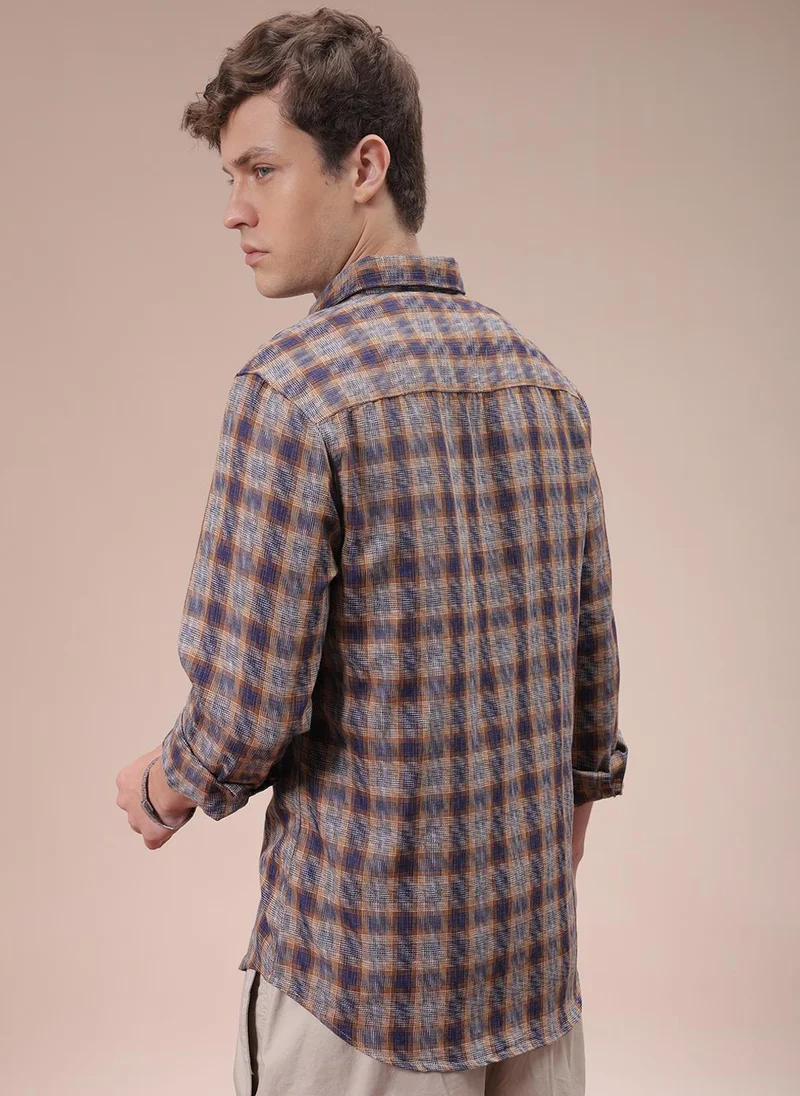 The Indian Garage Co Men Slim Fit Checkered Full Sleeves Cutaway Collar Casual Shirt
