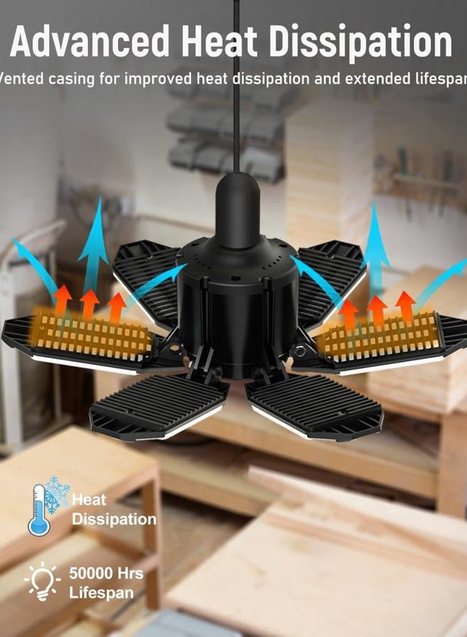 Adiding LED Garage Ceiling Light - 2 Packs Adjustable 20000Lm Bright LED Basement Light 6 Deformable Panels 6500K Shop Lights Screw in E26 E27 Bulb Socket Compatible for Workshop Storage Room Basement - Image 5