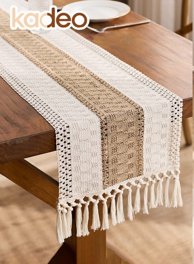 kadeo Boho Table Runner with Tassels, Hand Woven Cotton Polyester Table Decoration, Kitchen Decor for Coffee Table Runner for Dresser Scarf Home Decor 30*220CM - Image 1