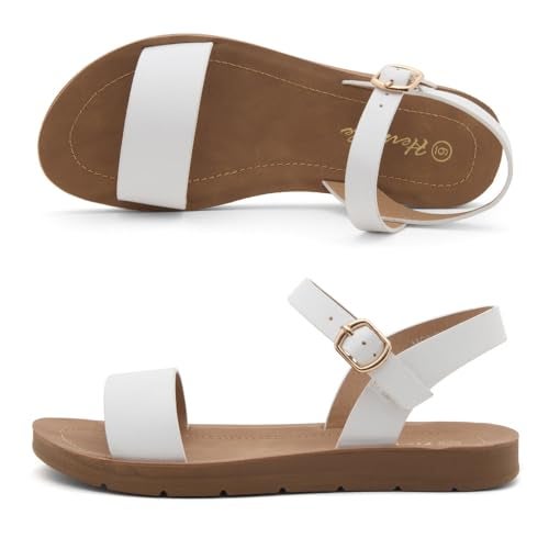 Herstyle Flat Sandals for Women – Open Toe One Band Ankle Strap Summer Dressy Sandals, Lightweight Casual Strappy Slip-On Flats with Adjustable Buckle, White, Size 6.0, Monday - Image 4