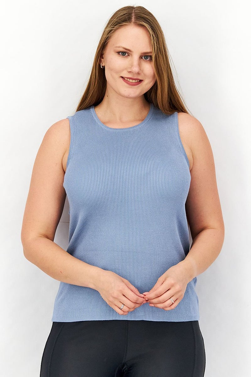 Tchibo Women Round Neck Sleeveless Ribbed Top, Blue - Image 1