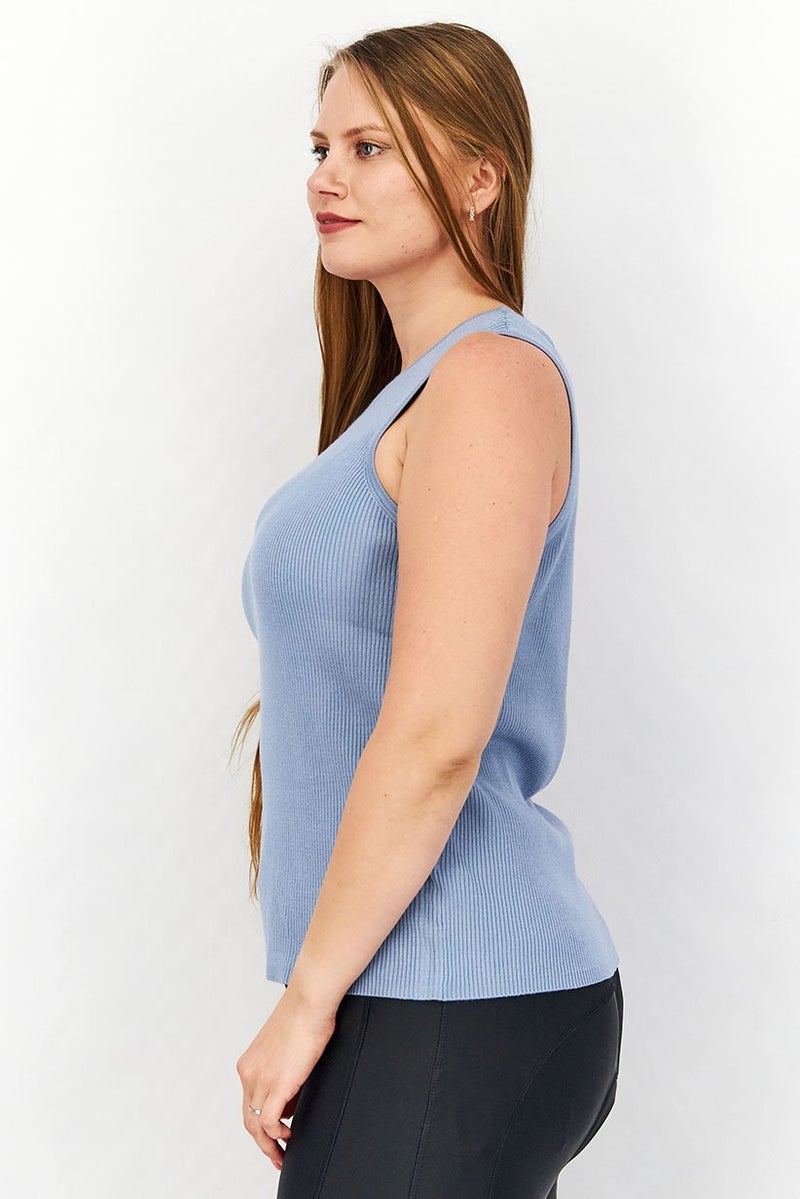 Tchibo Women Round Neck Sleeveless Ribbed Top, Blue - Image 2