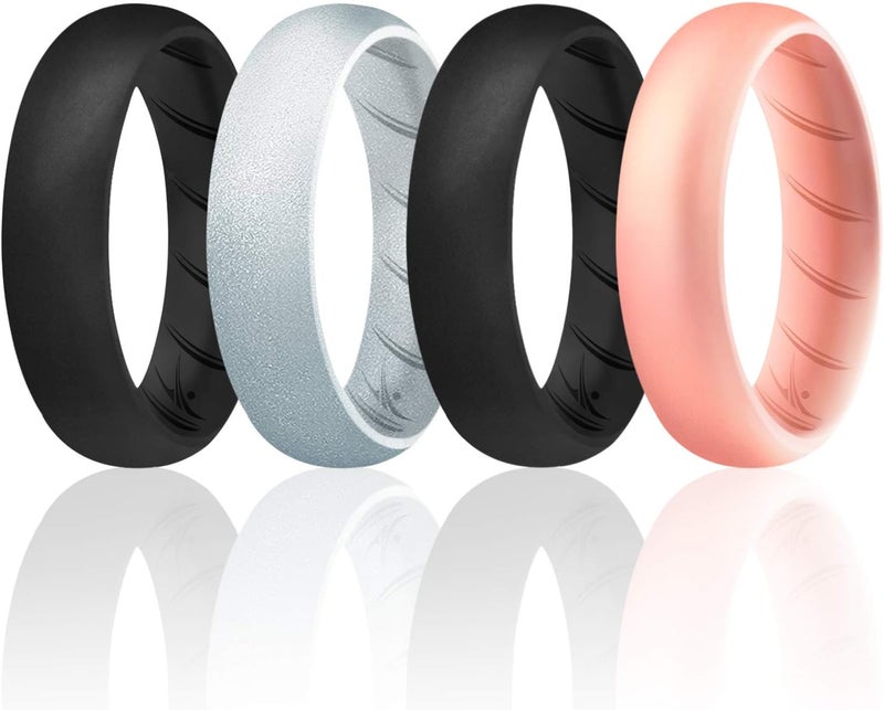 ROQ Silicone Rubber Wedding Ring for Women, Rubber Silicone Wedding Band, Bridal Jewelry Set, Anniversary Rings, Promise Ring, 5.5mm Wide 2mm Thick, 4 Pack, Black, Rose Gold, Metal Silver, Size 7 - Image 1
