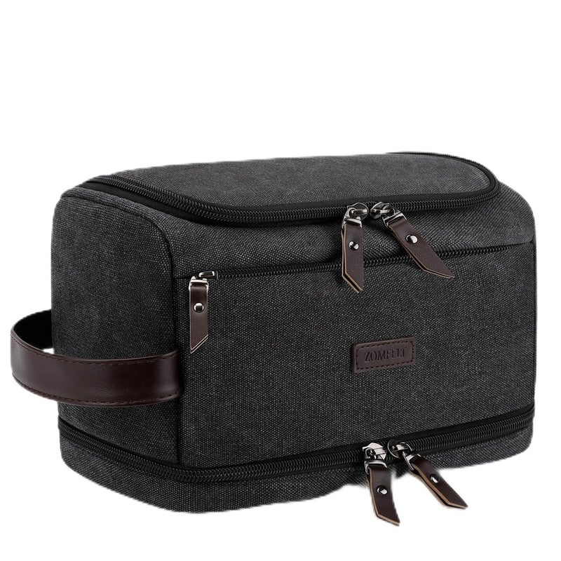 ZOMFELT Toiletry Bag for Men, Dual Layers Canvas Travel Toiletries Bag, Water-Resistant Travel Organizer with Elastic, Large Capacity Dopp Kit, Hanging Shaving Hygiene Bag, Black - Image 1