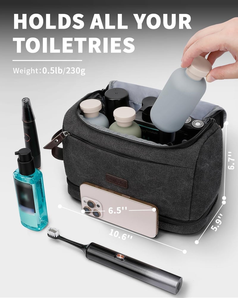 ZOMFELT Toiletry Bag for Men, Dual Layers Canvas Travel Toiletries Bag, Water-Resistant Travel Organizer with Elastic, Large Capacity Dopp Kit, Hanging Shaving Hygiene Bag, Black - Image 4