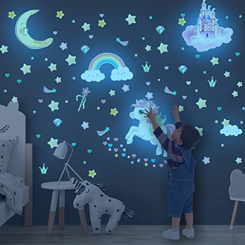 Glow in The Dark Stars and Unicorn Wall Decals Glowing Castle Moon and Rainbow Stickers 174 pcs Luminous Ceiling Decor for Kids Bedroom Decoration for Girls and Boys Room Blue