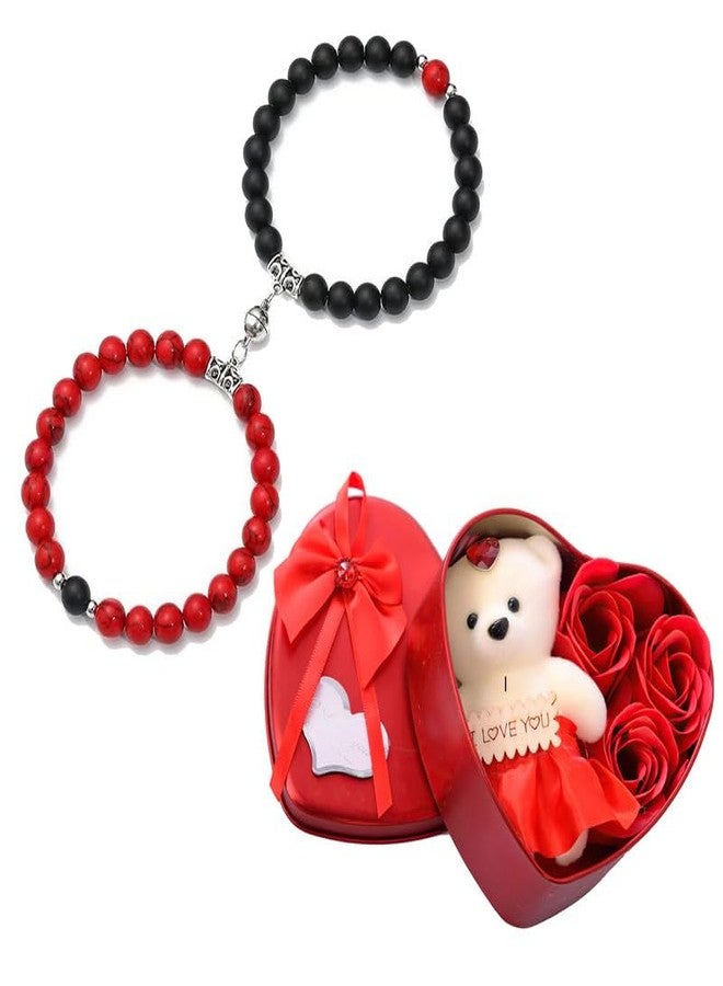 Thrillz Valentine Gift For Girlfriend Couple Bracelet Red & Black Natural Stone Onyx Stretchable Heart Magnetic Bracelet For Women Men Girls With Heartbox Love Gifts - Image 1