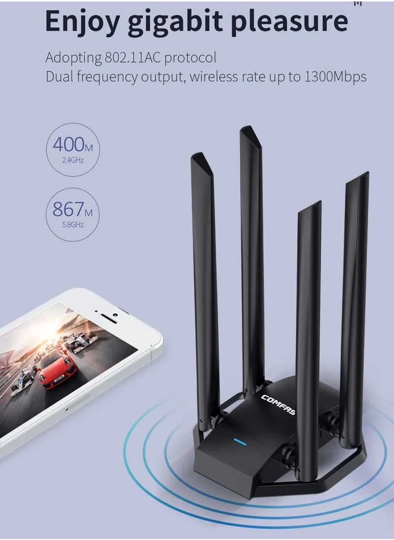 comfast - Comfast 1300Mbps Adaptador 2.4G&5GHz Usb Network Card Wireless WiFi Adapter High Gain 4*6dbi Antenna Desktop Linux Wi-fi Receive - Image 1