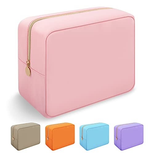 Iqimott Nylon Large Makeup Bag Travel Pouch Preppy Big Cosmetic Bag Makeup Organizer Nylon Large Capacity Toiletry Bag Waterproof Large Zipper Pouch Storage Bag for Women Girls TeensPink - Image 1