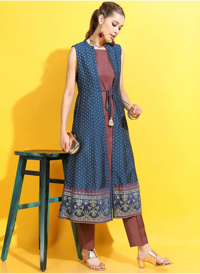 Vishudh Women Printed Kurta with Trouser & Jacket Set by Styli