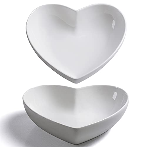 Keponbee 2 pcs Porcelain Big Heart-shaped Bowls White Deep Heart Plates Salad Bowl/Fruit Bowl for Desserts/Pasta/Dinner, 8 inch - Image 1