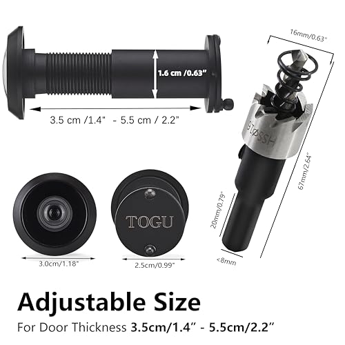 TOGU 220-degree Solid Brass Peep Holes for Door with 16mm Drill Bit, 0.63 inch Door Peephole with Privacy, Compatible with Door Thick from 1-3/8" to 2-1/6", Matte Black Finish - Image 3