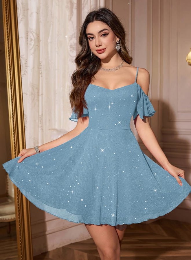 Meetjen Women's Sparkly Off Shoulder Homecoming Dress Short 2025 A line Tulle Spaghetti Straps Cocktail Prom Dresses, Grey Blue, XL - Image 3