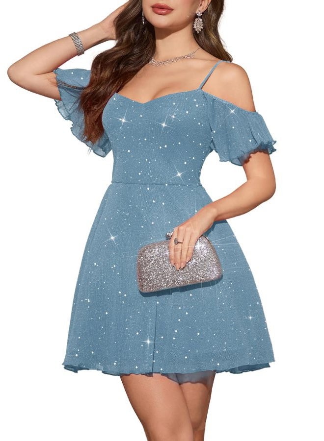 Meetjen Women's Sparkly Off Shoulder Homecoming Dress Short 2025 A line Tulle Spaghetti Straps Cocktail Prom Dresses, Grey Blue, XL - Image 1