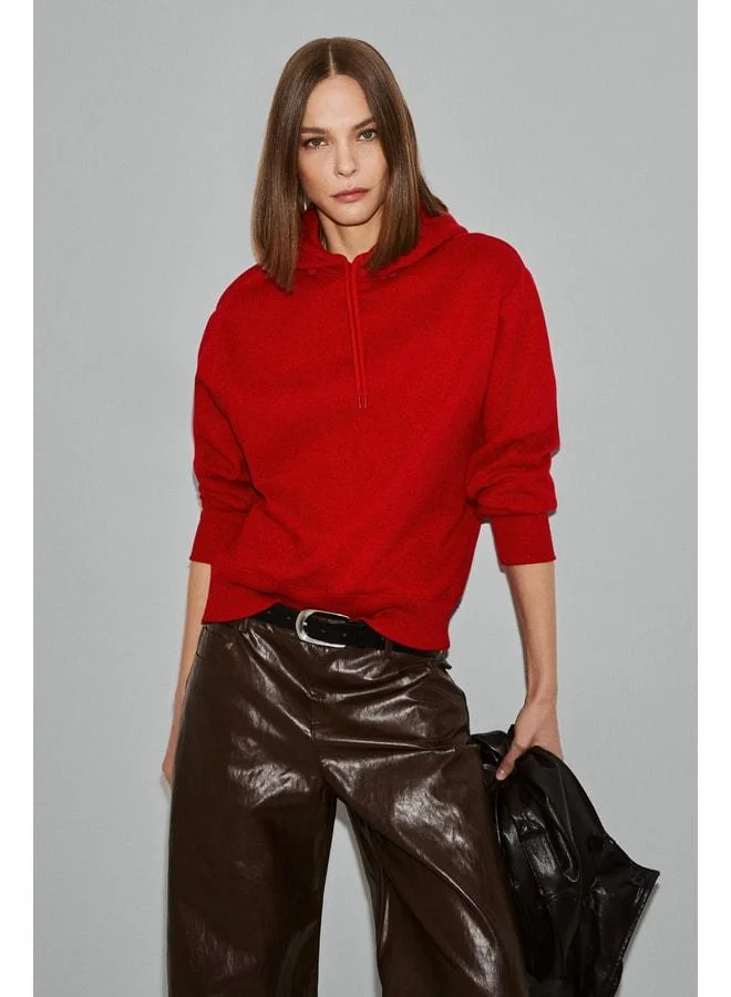 GRIMELANGE REDONY Women's Organic Cotton Fleece-Lined Hooded Neck Sweatshirt with Brit Detail, Regular Fit, Red.