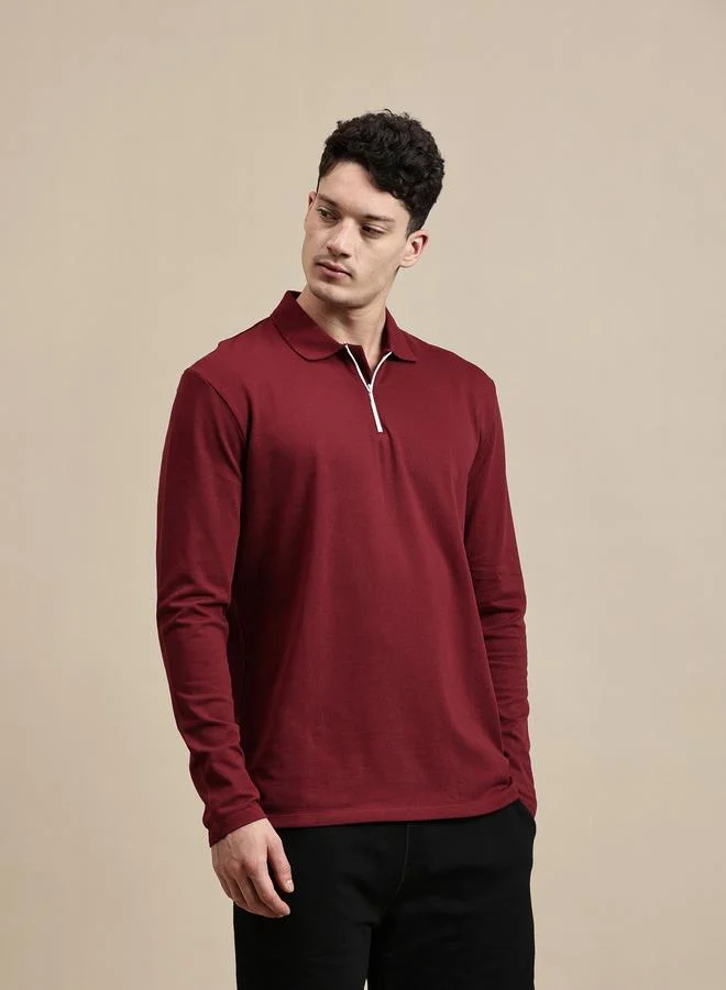 ECOLORE Men Maroon Long Sleeves Half-Zip Polo T-Shirt