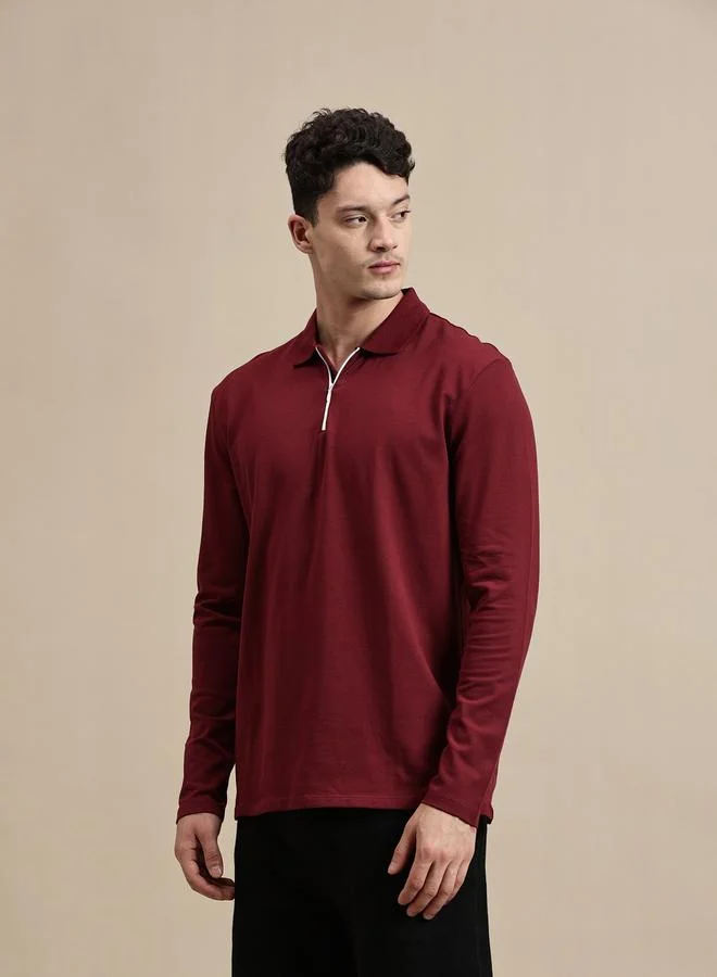 ECOLORE Men Maroon Long Sleeves Half-Zip Polo T-Shirt