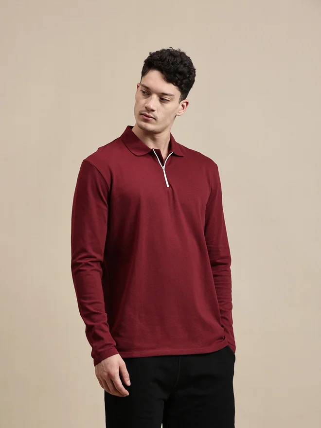 ECOLORE Men Maroon Long Sleeves Half-Zip Polo T-Shirt