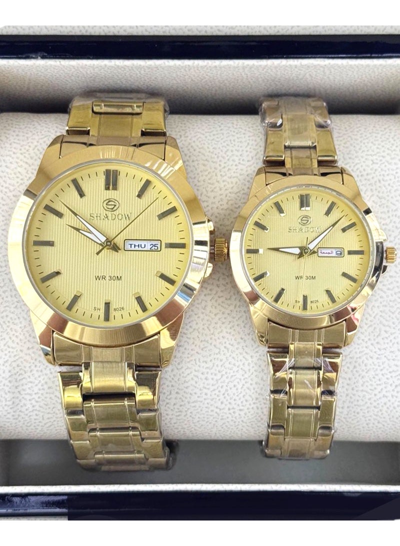 شادو طقم ساعات زوجية شادو فاخرة - وظيفة اليوم والتاريخ (عربي / إنجليزي) - تصميم كلاسيكي متناسق - Image 1