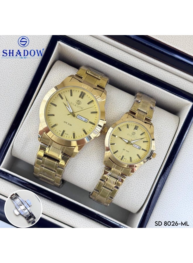 شادو طقم ساعات زوجية شادو فاخرة - وظيفة اليوم والتاريخ (عربي / إنجليزي) - تصميم كلاسيكي متناسق - Image 2