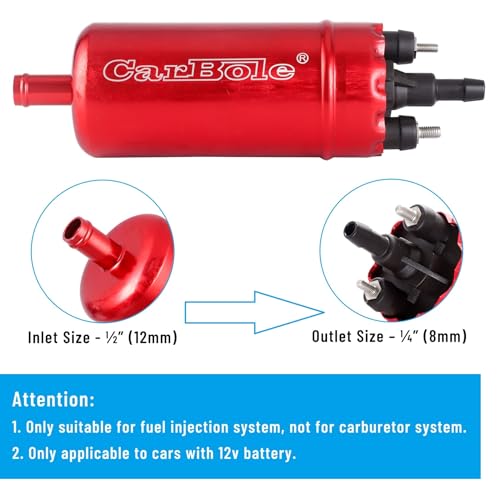 CarBole مضخة وقود خارجية CarBole: 116 PSI ضغط عالي مضخة كهربائية عالمية 12 فولت بديل لأنظمة حقن 0580464070 مع مشبك تثبيت (أحمر) - Image 3