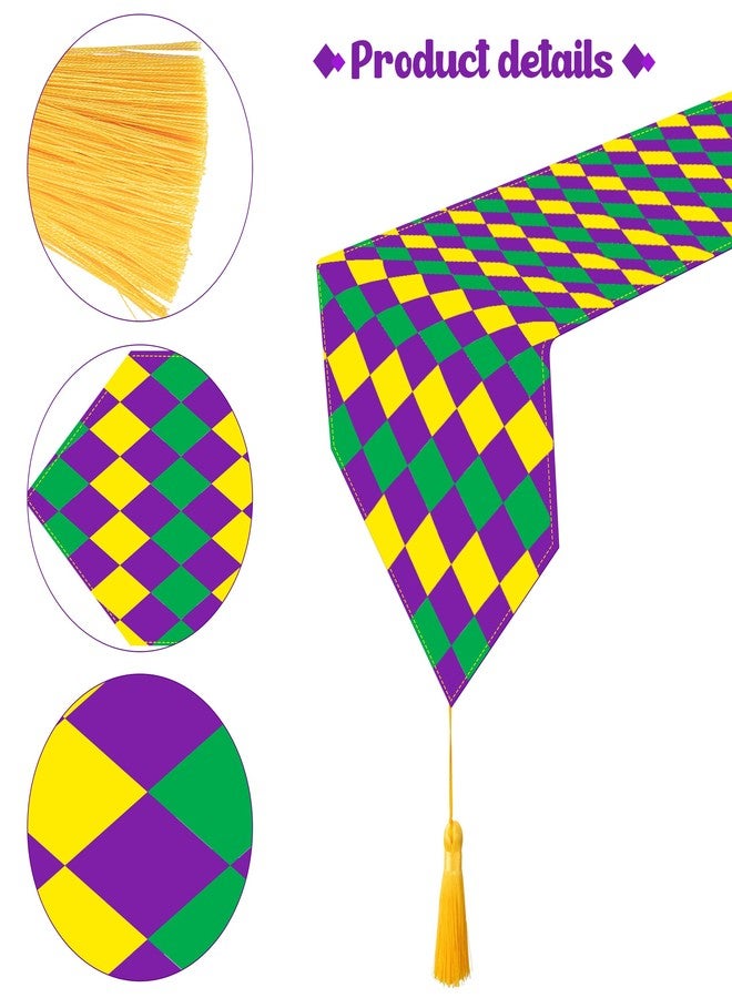 Wehhbtye 2PC Mardi Gras Table Runner Decor-12 x71 Fabric Carnival Table Runner with Tassels,Purple Yellow Green New Orleans Mardigras Diamond Dresser Scarves for Table Dinner Holiday Party - Image 3