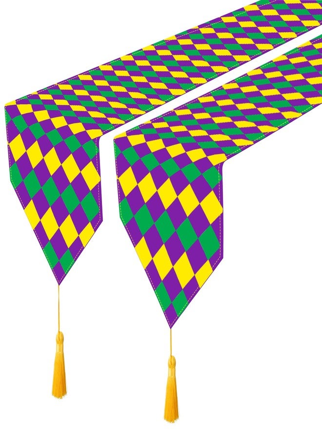 Wehhbtye 2PC Mardi Gras Table Runner Decor-12 x71 Fabric Carnival Table Runner with Tassels,Purple Yellow Green New Orleans Mardigras Diamond Dresser Scarves for Table Dinner Holiday Party - Image 1