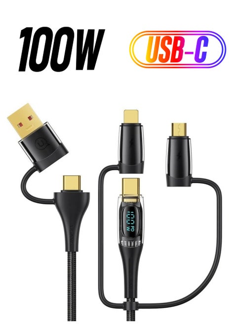 USB C to Multi Charging Cable, 100W 4FT 5A Type C to Type C Fast Charger Charging Cord, with LED Display 5-in-1 Charging Cable, USB C/A to USB C/Micro/IP Charger Adapter, for Laptop/Tablet/Phone