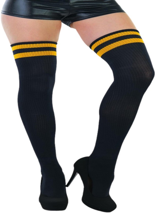 ToBeInStyle Women's Athlete Acrylic Thigh High W/Double Striped Top - Black/Yellow - OS - Image 1
