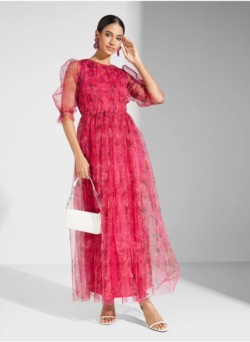 Lace and Beads Printed Balloon Sleeve Mesh Detail Dress