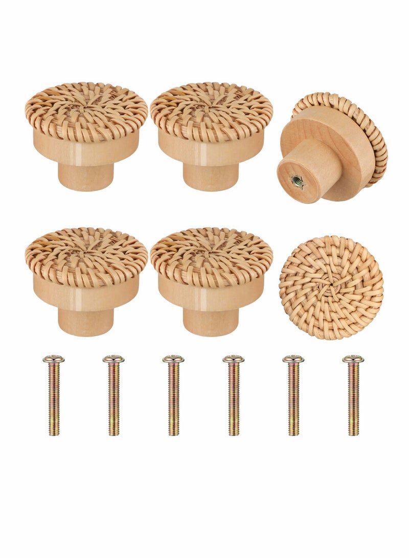 SYOSI Wooden Drawer Knobs, Rattan Dresser Knobs Round Handmade Wicker Woven and Screws for Boho Furniture Cabinets Handles Hardware Pulls Cabinet (6 6 Screws) - Image 1