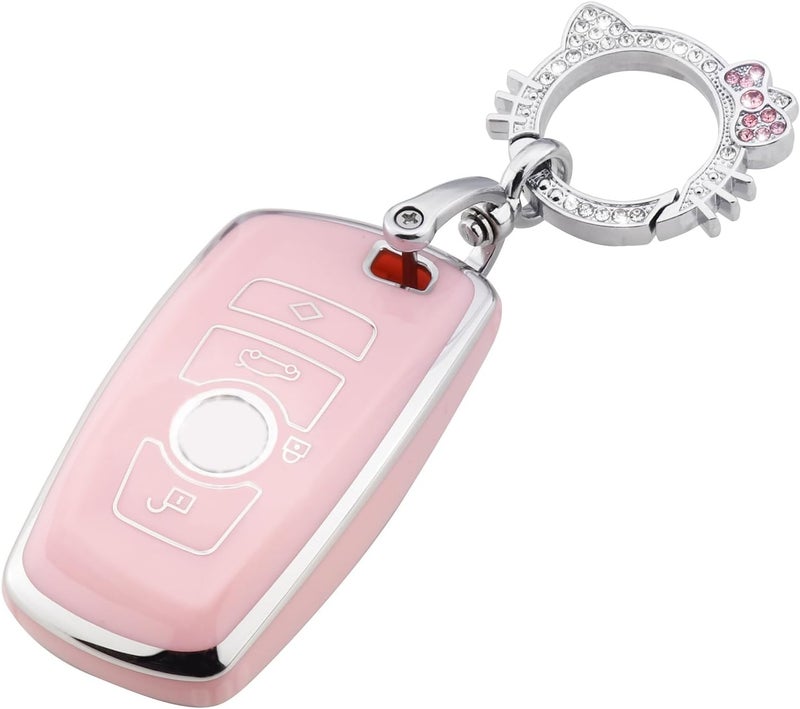 PANGPAI Pink Key Fob Cover for BMW, Soft TPU Key Case Protection with Bling Keychain Fit for BMW 2 5 6 7 X1 X2 X3 X5 X6 Series - Image 1
