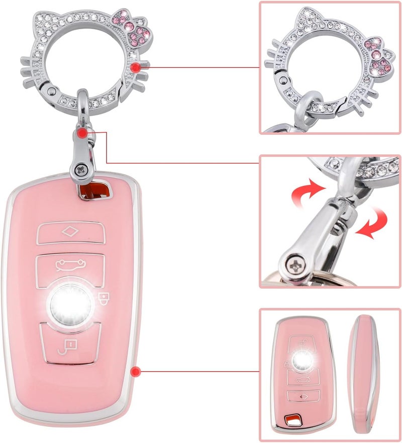 PANGPAI Pink Key Fob Cover for BMW, Soft TPU Key Case Protection with Bling Keychain Fit for BMW 2 5 6 7 X1 X2 X3 X5 X6 Series - Image 4