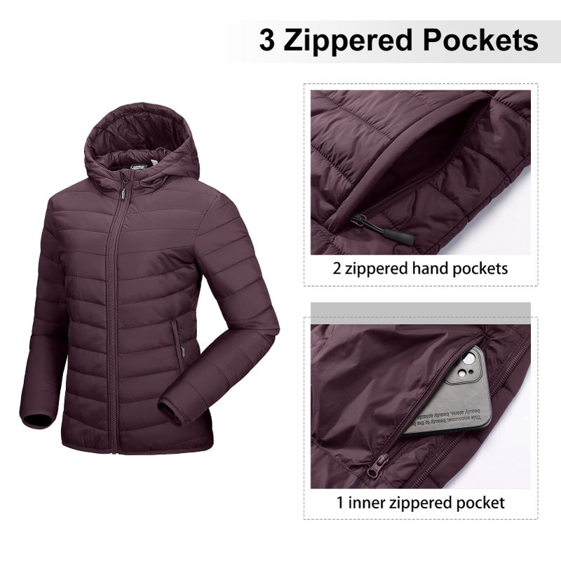 Outdoor Ventures Women's Packable Lightweight Full-Zip Puffer Jacket with Hood Quilted Winter Coat - Image 3