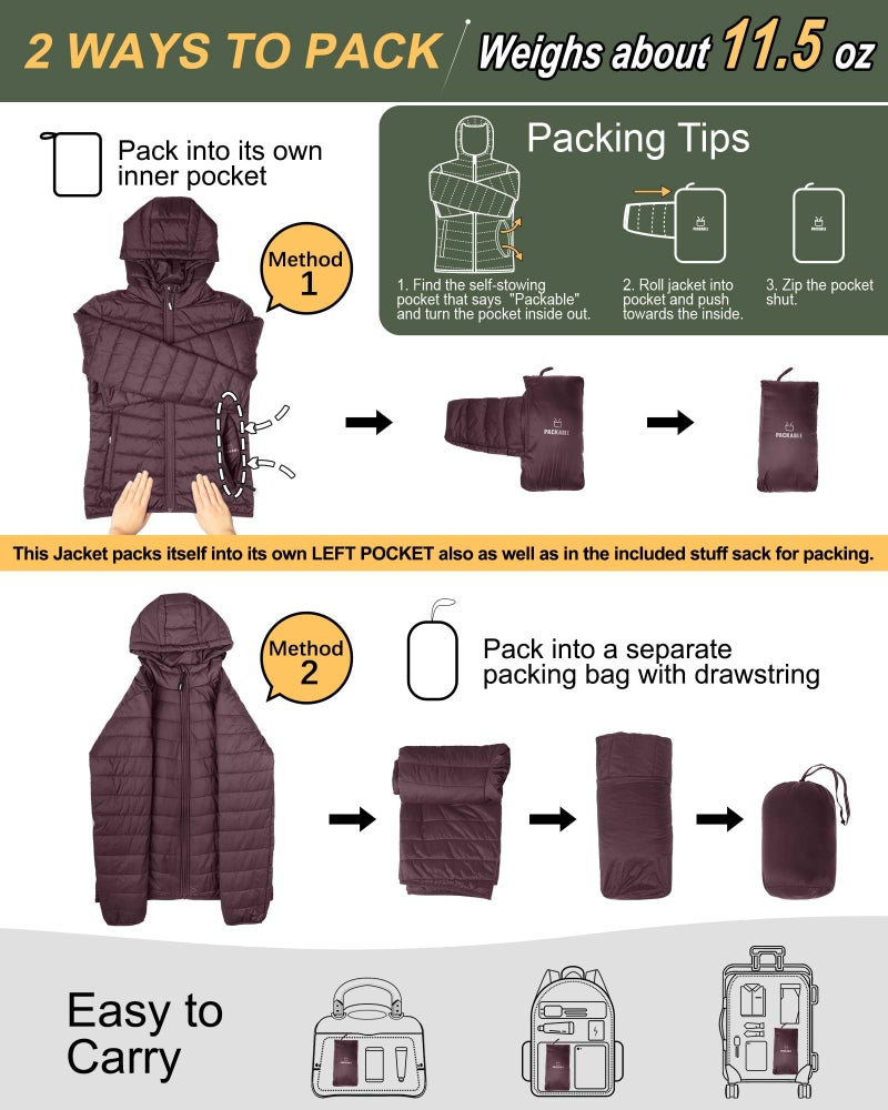 Outdoor Ventures Women's Packable Lightweight Full-Zip Puffer Jacket with Hood Quilted Winter Coat - Image 2