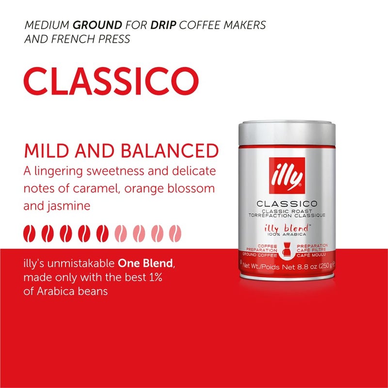 Illy Classico Ground Drip Coffee, Medium Roast, Classic Roast With Notes Of Chocolate & Caramel, 100% Arabica Coffee, No Preservatives, 8.8 Ounce (Pack Of 1) - Image 3