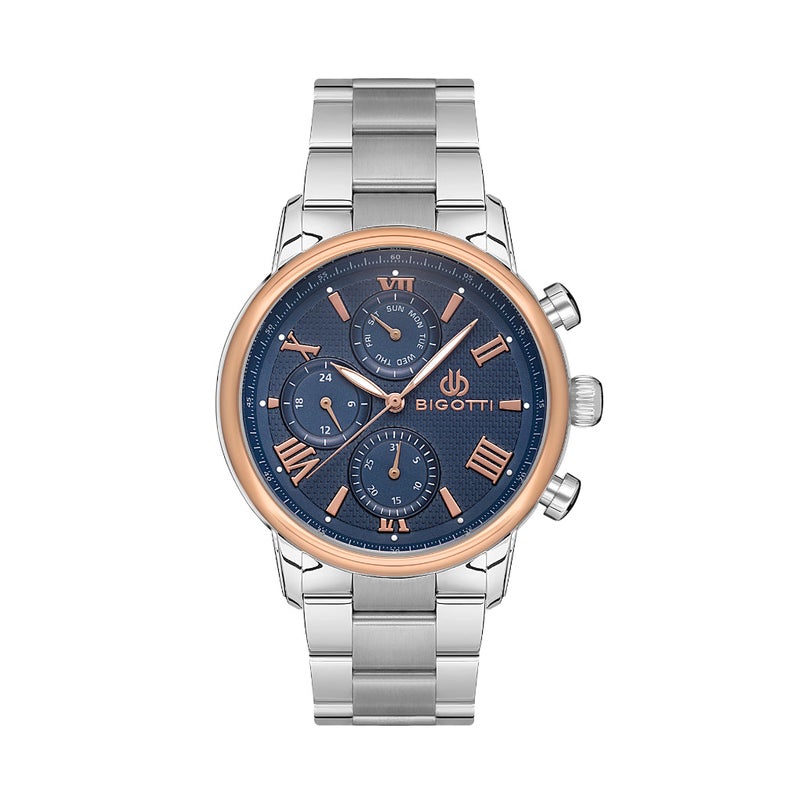 Bigotti Silver Stainless Steel Watch for Men BG.1.10513-5 - Dark Blue Emboss Dial, 43mm Case, Japanese Quartz, Day-Date Display, 50M Water Resistant, Mineral Glass - Image 1