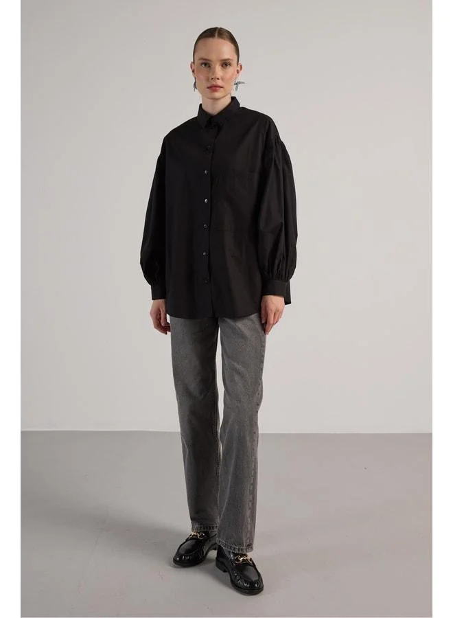 mina aise Women's Black Pleated Pocket Detailed Oversized Shirt 30062.