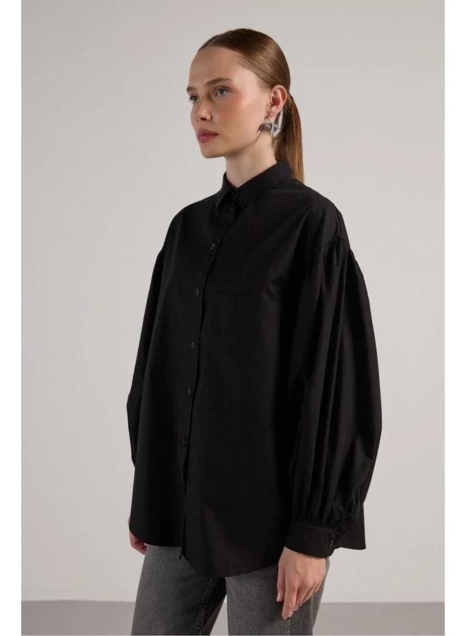 mina aise Women's Black Pleated Pocket Detailed Oversized Shirt 30062.