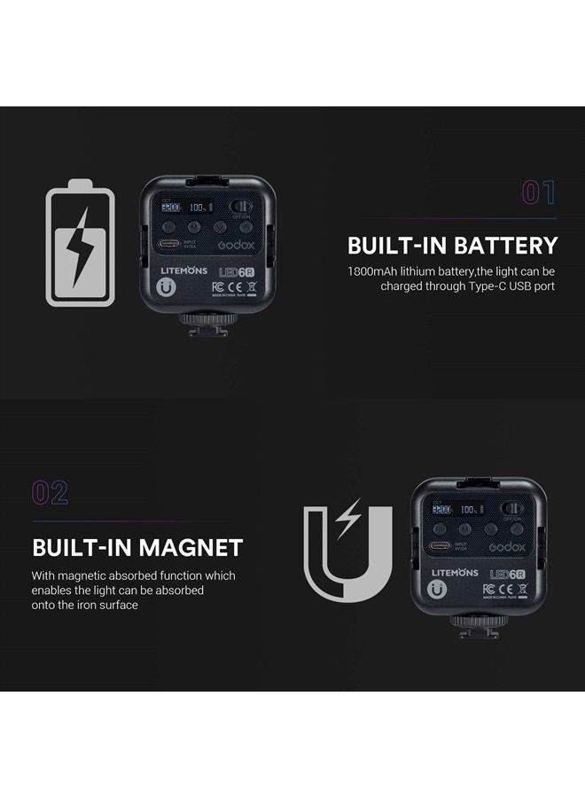 Godox مصباح فيديو Godox LITEMONS LED6R RGB LED، مصباح كاميرا LED قابل لإعادة الشحن، 36000 لون قابل للتعديل من HSI، CCT ثنائي اللون 3200K-6500K، CRI 95، 13 تأثير إضاءة FX مع 3 أحذية باردة، يدعم الجذب المغناطيسي