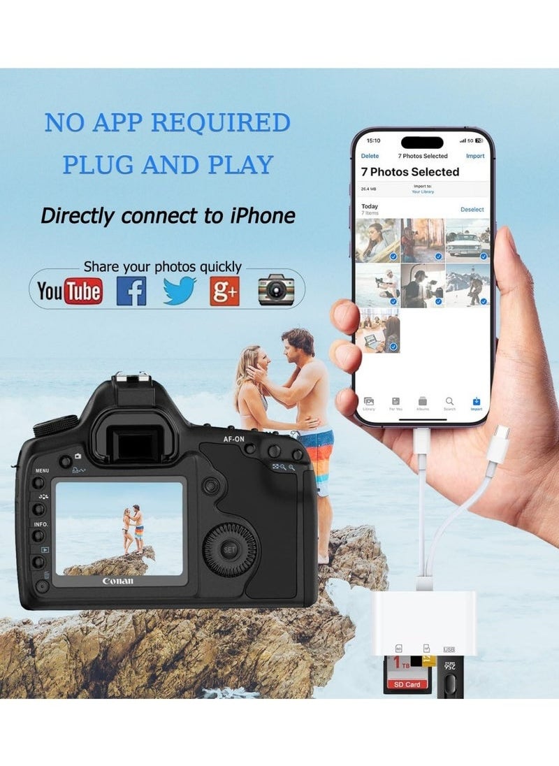 SD Card Reader for iPhone, iPad, USB C and Lightning Dual Port SD Card Adapter, Memory Card Reader for Camera Adapter, Support SD, Micro SD, USB 3.0, No App Driver Required