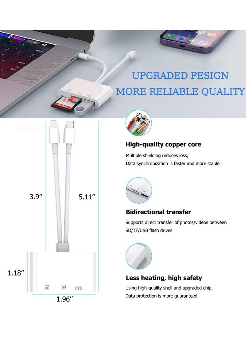 SD Card Reader for iPhone, iPad, USB C and Lightning Dual Port SD Card Adapter, Memory Card Reader for Camera Adapter, Support SD, Micro SD, USB 3.0, No App Driver Required